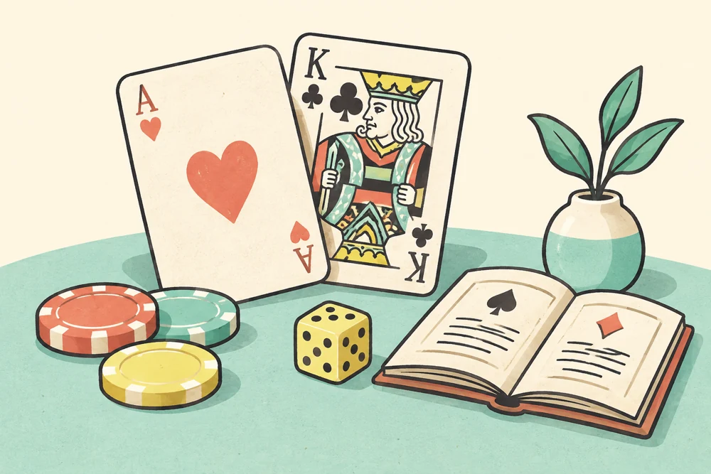 Illustrated playing cards, chips, a die and a game rulebook
